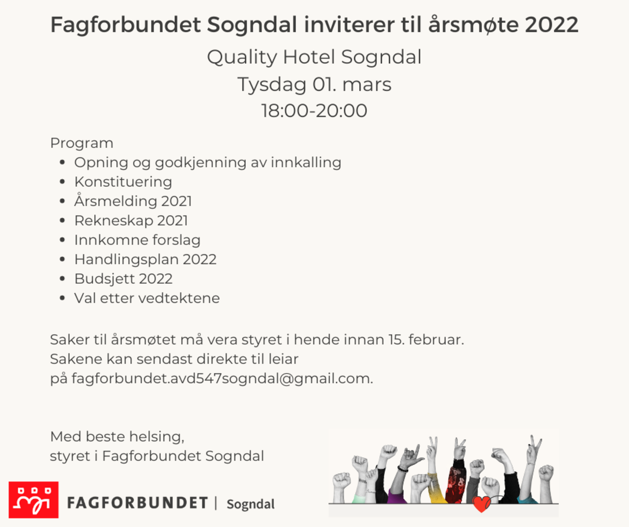 Fagforbundet Sogndal inviterer til årsmøte 2022