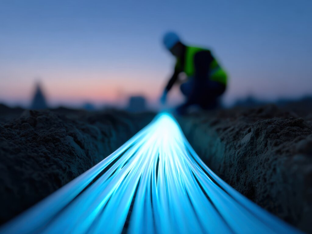 A technician in a safety vest installs glowing fiber optic cables in a ground trench at dusk.