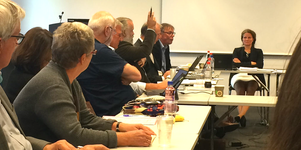 ALENE: Under styremøtet til Helse Sør-Øst ble Fagforbundets konserntillitsvalgt, Svein Øverland (han som rekker opp hånda), den eneste som stemte imot privatisering av IT-tjenestene i sykehusforetaket.