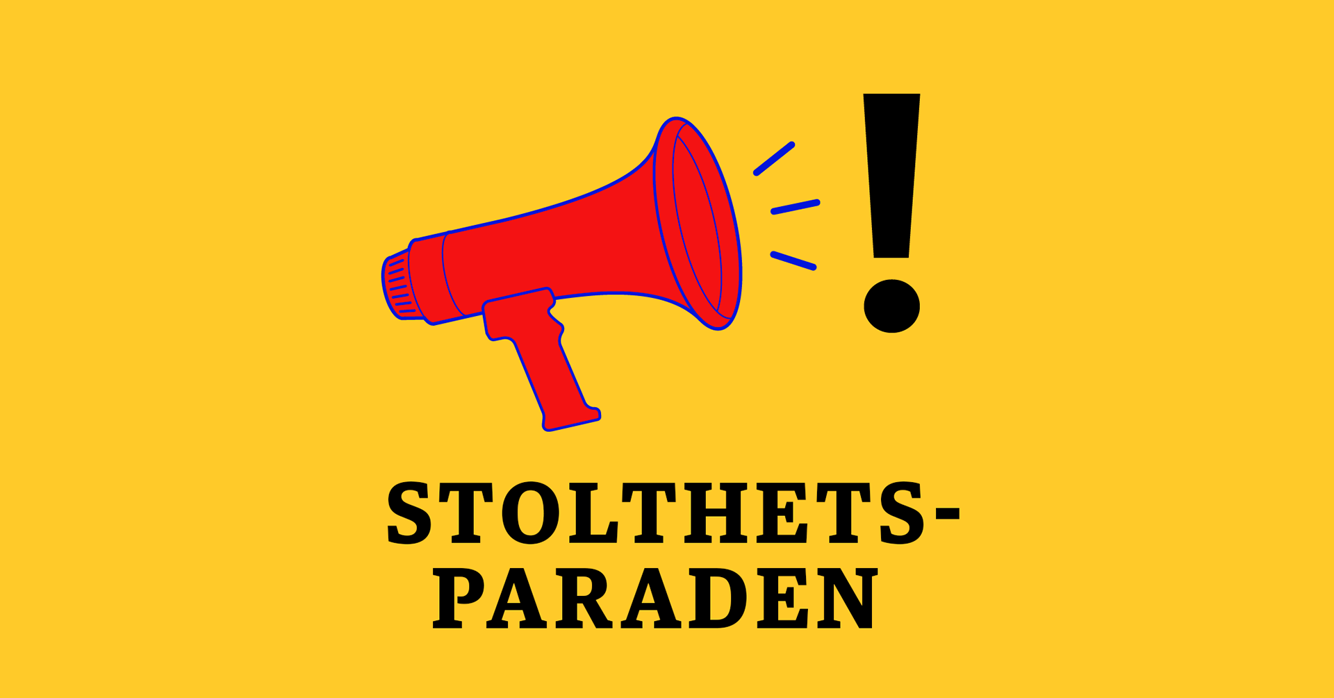 Logoen til Stolthetsparaden med gul bakgrunn, svart skrift og en rød ropert.